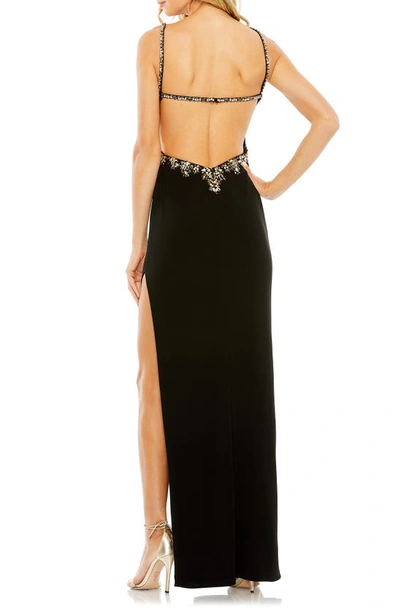 Mac Duggal Embellished Ruched Open Back Column Gown In Black