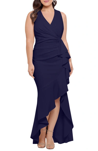Betsy & Adam Plus Size Sleeveless Ruffled High-low Gown In Navy