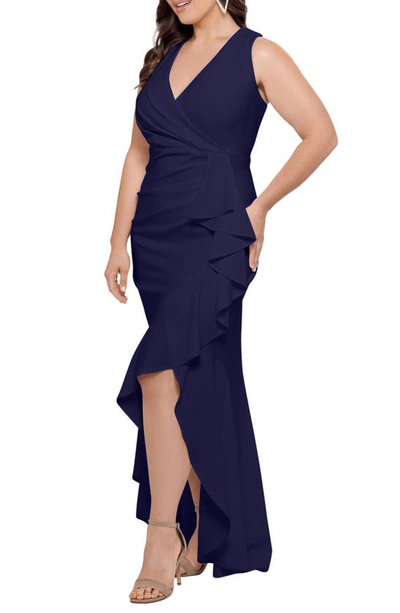 Betsy & Adam Plus Size Sleeveless Ruffled High-low Gown In Navy