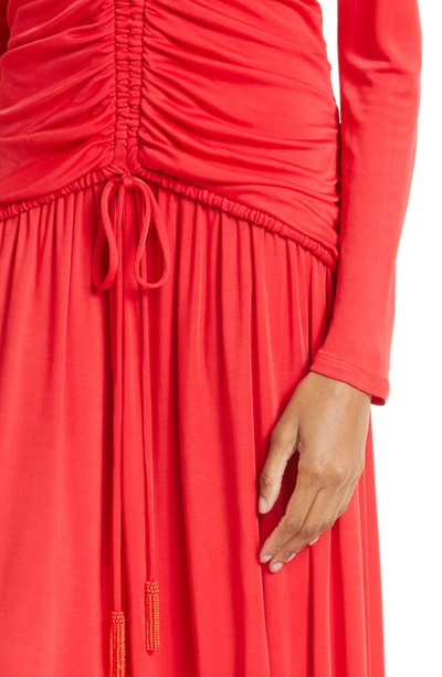 Shop Farm Rio Ruched Long Sleeve Jersey Maxi Dress In Red