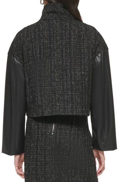 Shop Dkny Bouclé Tweed & Faux Leather Jacket In Black