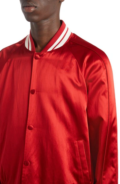 Shop Valentino Crest Logo Satin Baseball Jacket In Rosso