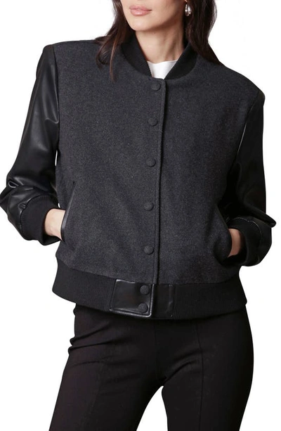 Shop Avec Les Filles Strong Shoulder Mixed Media Bomber Jacket In Charcoal/ Black