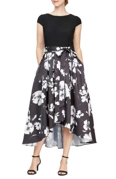 Shop Sl Fashions Floral High-low Cocktail Dress In Black Ivory