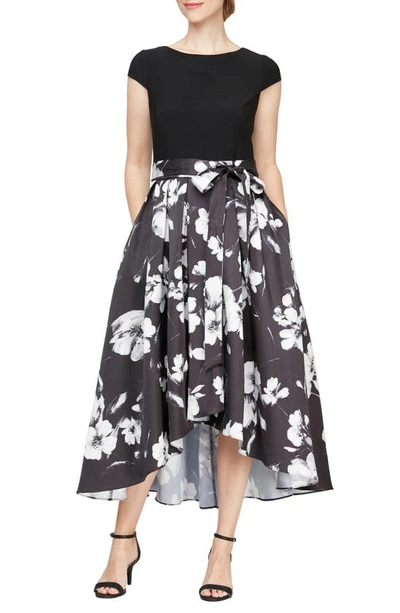 Sl Fashions Floral High-low Cocktail Dress In Black Ivory