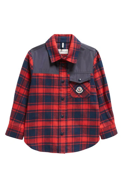 Shop Moncler Kids' Mixed Media Plaid Shirt Jacket In Red