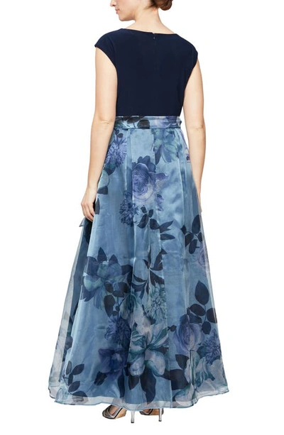 Sl Fashions High Neck Cap Sleeve Solid Top Floral Print Skirt A-line Ballgown In Nav