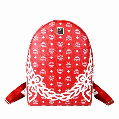 MCM Dietrich Laurel Backpack Visetos White Logo Medium Ruby Red in