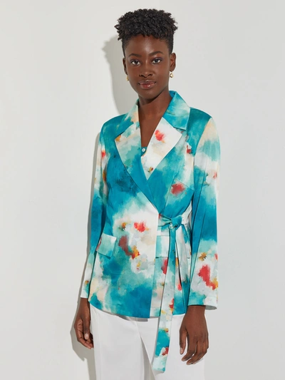 Shop Misook Watercolor Side Tie Crepe Tailored Jacket In Multi