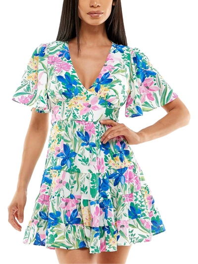 Shop B Darlin Juniors Womens Crepe Floral Fit & Flare Dress In Multi