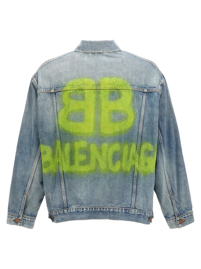 Shop Balenciaga Logo Print Denim Jacket Casual Jackets, Parka Light Blue