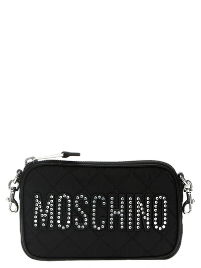 Shop Moschino Rhinestone Logo Crossbody Bag Crossbody Bags Black