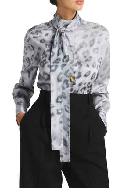 Shop St John Painted Leopard Print Tie Neck Blouse In Light Gray Multi