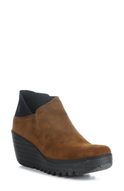 Shop Fly London Yego Wedge Bootie In 010 Camel/ Navy