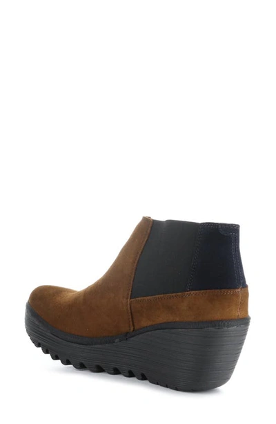 Fly London Yego Wedge Bootie In 010 Camel/ Navy