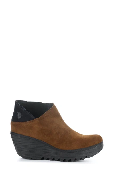 Fly London Yego Wedge Bootie In 010 Camel/ Navy