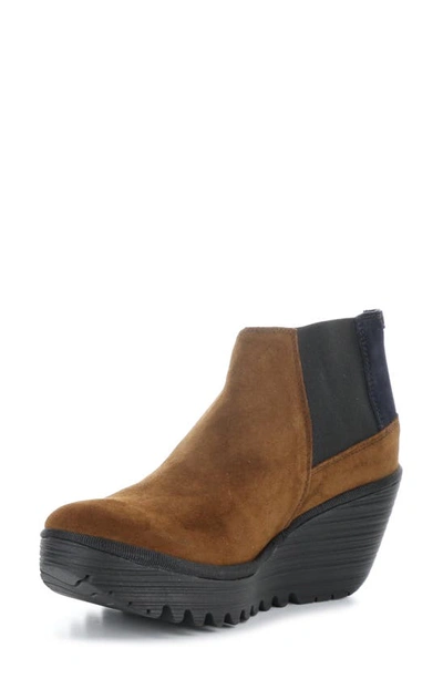 Shop Fly London Yego Wedge Bootie In 010 Camel/ Navy