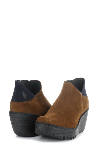 Shop Fly London Yego Wedge Bootie In 010 Camel/ Navy