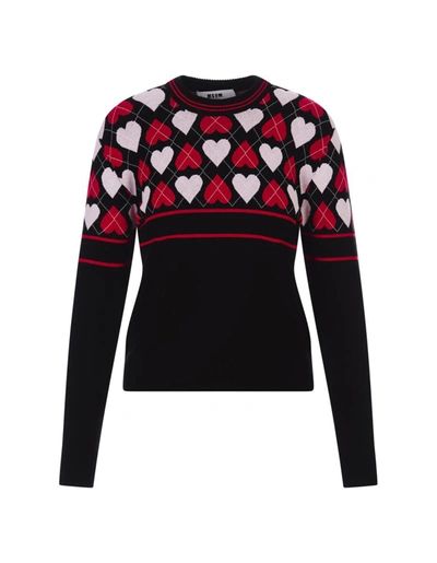 Shop Msgm Sweater With "active Hearts" Motif In Black