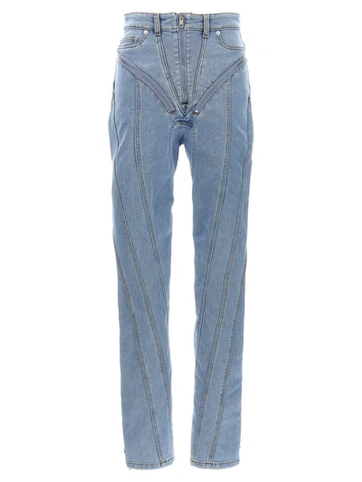 Shop Mugler 'zipped Spiral' Jeans In Light Blue