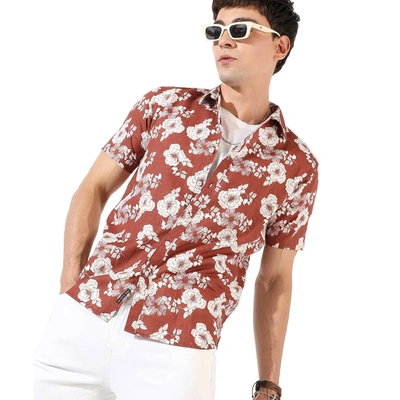 Shop Campus Sutra Men's Printed Casual Shirt In Brown