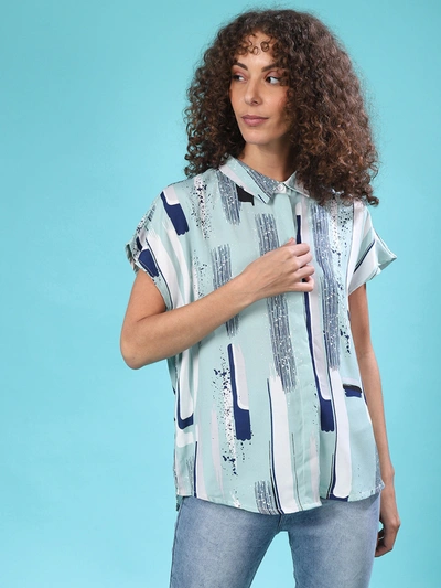 Shop Campus Sutra Women Sea Green & Navy Blue Regular Fit Printed Casual Shirt