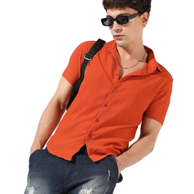 Shop Campus Sutra Men's Textured Casual Shirt In Orange