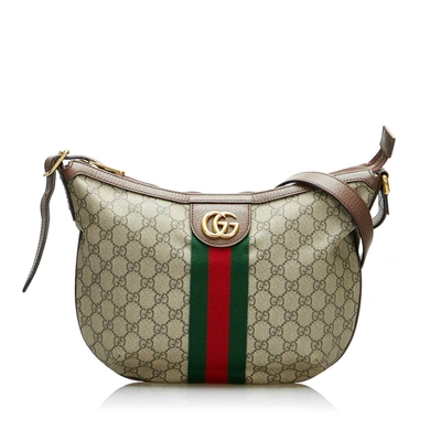 Shop Gucci Gg Supreme Web Ophidia Half Moon Brown Crossbody Bag