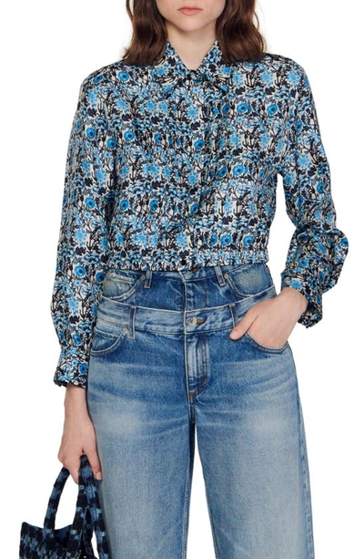Shop Sandro Gourmande Floral Silk Shirt In Blu / Beige