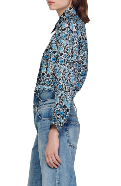 Shop Sandro Gourmande Floral Silk Shirt In Blu / Beige