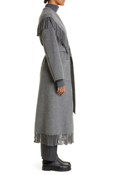 Shop Simkhai Carrie Fringe Wool Blend Robe Coat In Grey Melange