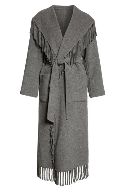 Shop Simkhai Carrie Fringe Wool Blend Robe Coat In Grey Melange