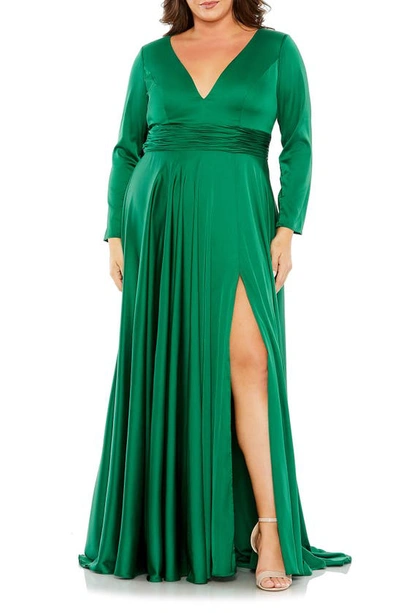 Shop Fabulouss By Mac Duggal Long Sleeve V-neck A-line Gown In Emerald