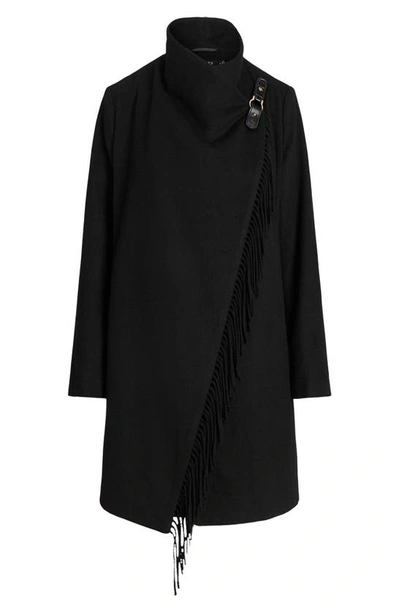 Shop Lauren Ralph Lauren Fringe Drape Wool Blend Coat In Black
