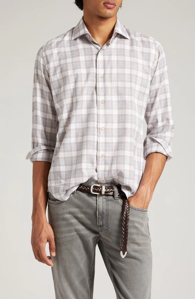 Shop Eleventy Plaid Cotton Flannel Button-up Shirt In Light Grey