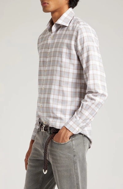 Shop Eleventy Plaid Cotton Flannel Button-up Shirt In Light Grey