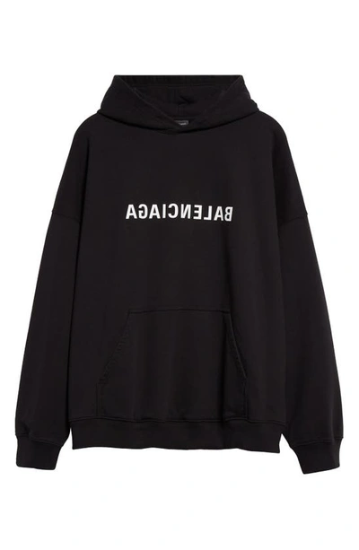 Shop Balenciaga Mirror Logo Oversize Cotton Hoodie In Ecru/ Black