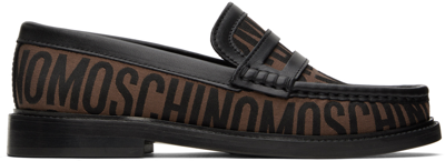 Shop Moschino Brown & Black Logo Jacquard Loafers In 30a F Brown/black