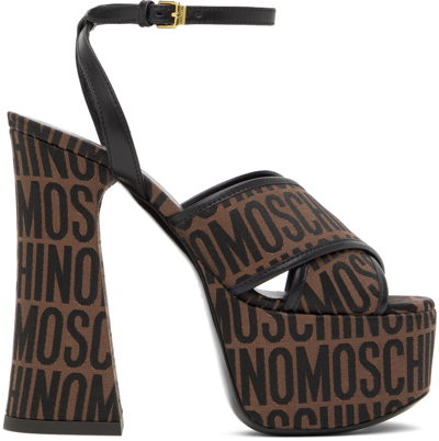 Shop Moschino Brown & Black Logo Jacquard Heels In 30a F Brown/black