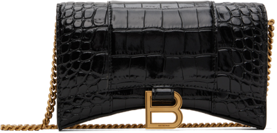 Balenciaga Hourglass Brand-plaque Croc-embossed Leather Wallet-on-chain In 1000 Black