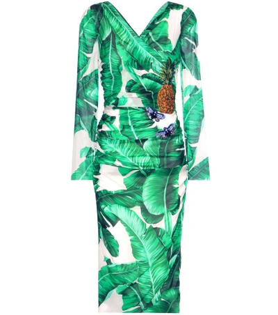 Shop Dolce & Gabbana Printed Embellished Silk-blend Wrap Dress In Green