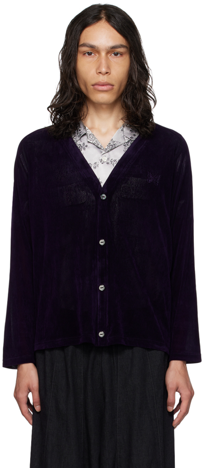 Shop Needles Purple Embroidered Cardigan In B-eggplant
