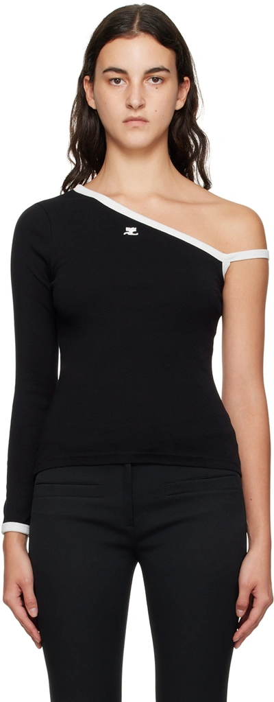 Shop Courrèges Black Asymmetric T-shirt In Black/heritage White