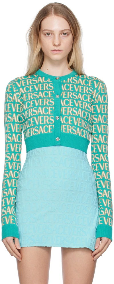 Shop Versace Blue Allover Cardigan In 5v540/turquoise