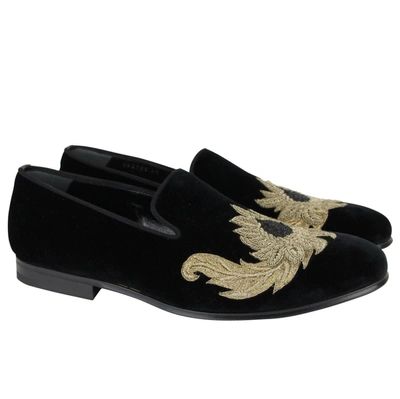 Shop Alexander Mcqueen Men's Gold Embroidered Detail Black Velvet Slip On Men's Shoes