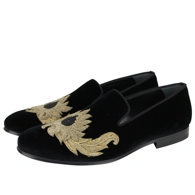 Shop Alexander Mcqueen Men's Gold Embroidered Detail Black Velvet Slip On Men's Shoes