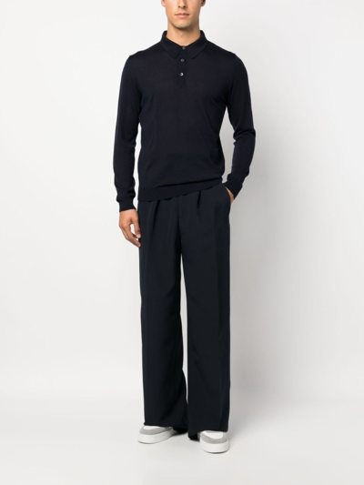 Shop Eraldo Long-sleeve Wool Polo Shirt In Blue