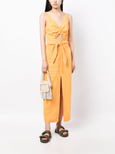 Nanushka Cutout Ruched Linen Midi Dress In Orange