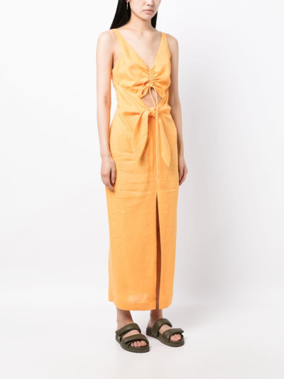 Nanushka Cutout Ruched Linen Midi Dress In Orange