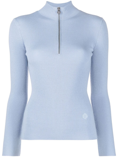 Shop Maje Ribbed-knit Wool-blend Top In Blue